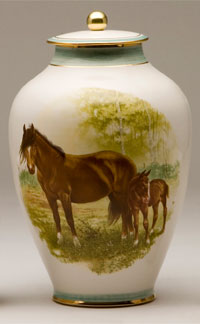 Pottery cremation urns - mare and foal design