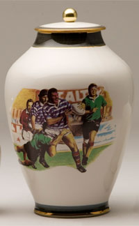 Pottery cremation urns - rugby design