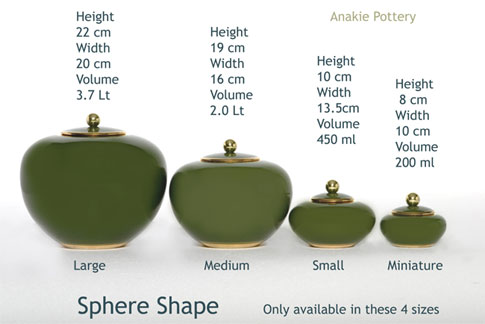 Pottery cremation urns - sphere sizes in height and volume
